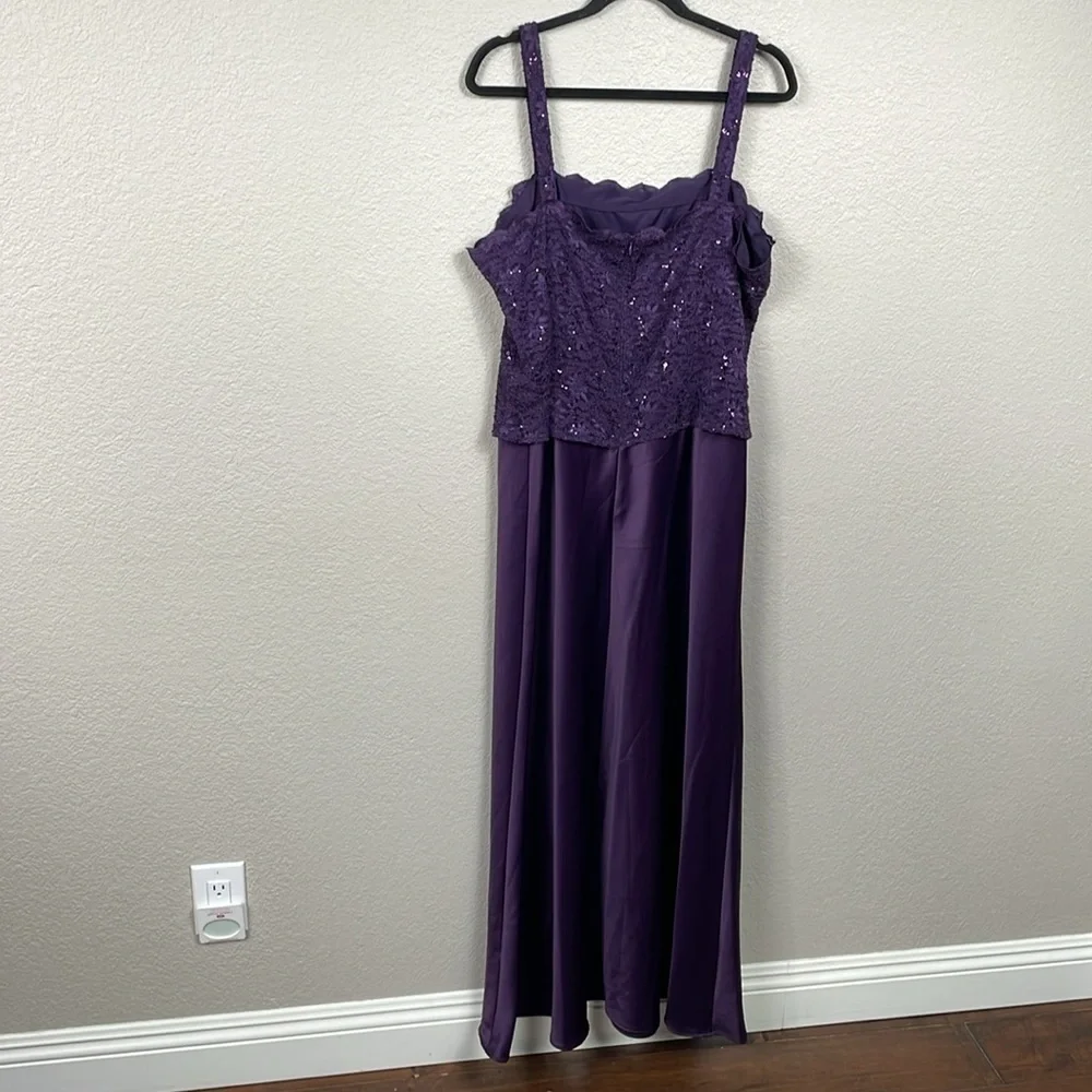 New Alex Evenings Sequin Lace Satin Gown Maxi Dress Square Neck Purple Eggplant